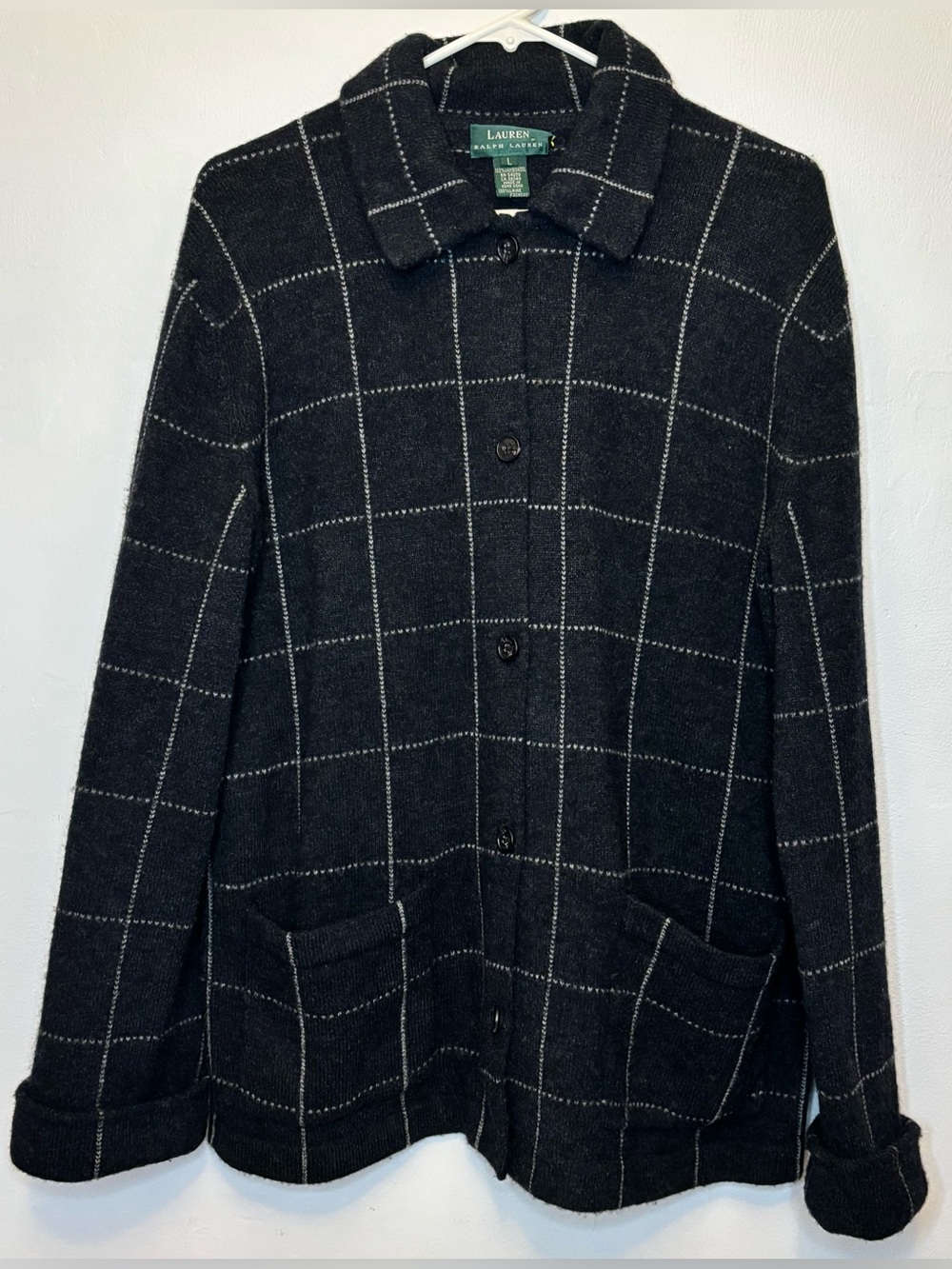 VTG Lauren Ralph Lauren Windowpane Plaid Wool Cardigan Sweater Jacket Black L